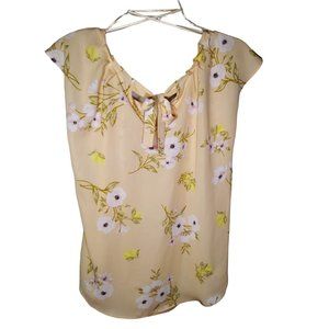 Lauren Conrad Floral Print Cap Sleeve Yellow Women's Blouse Top- Size M